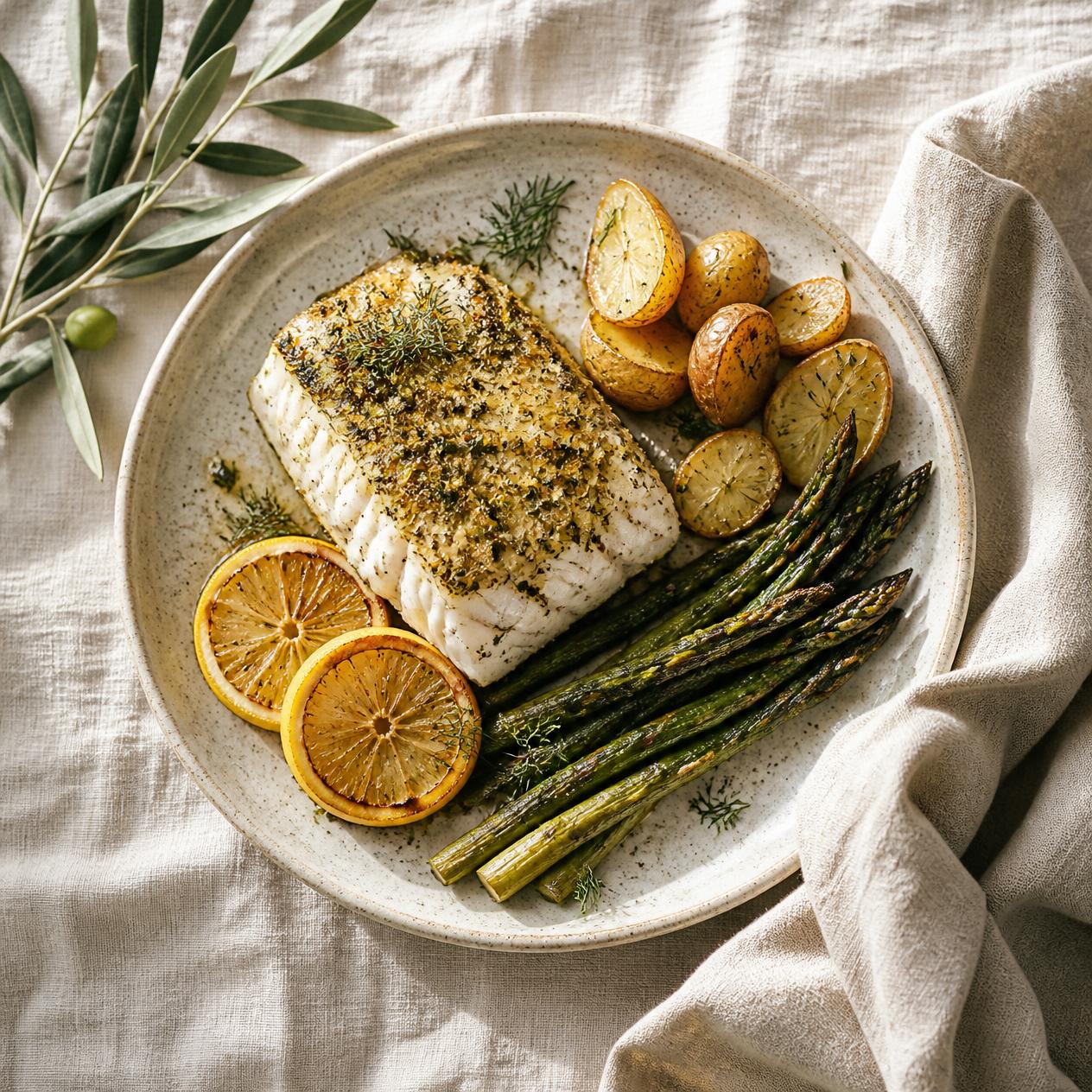 Herb-crusted white fish with lemon, asparagus and potatoes
