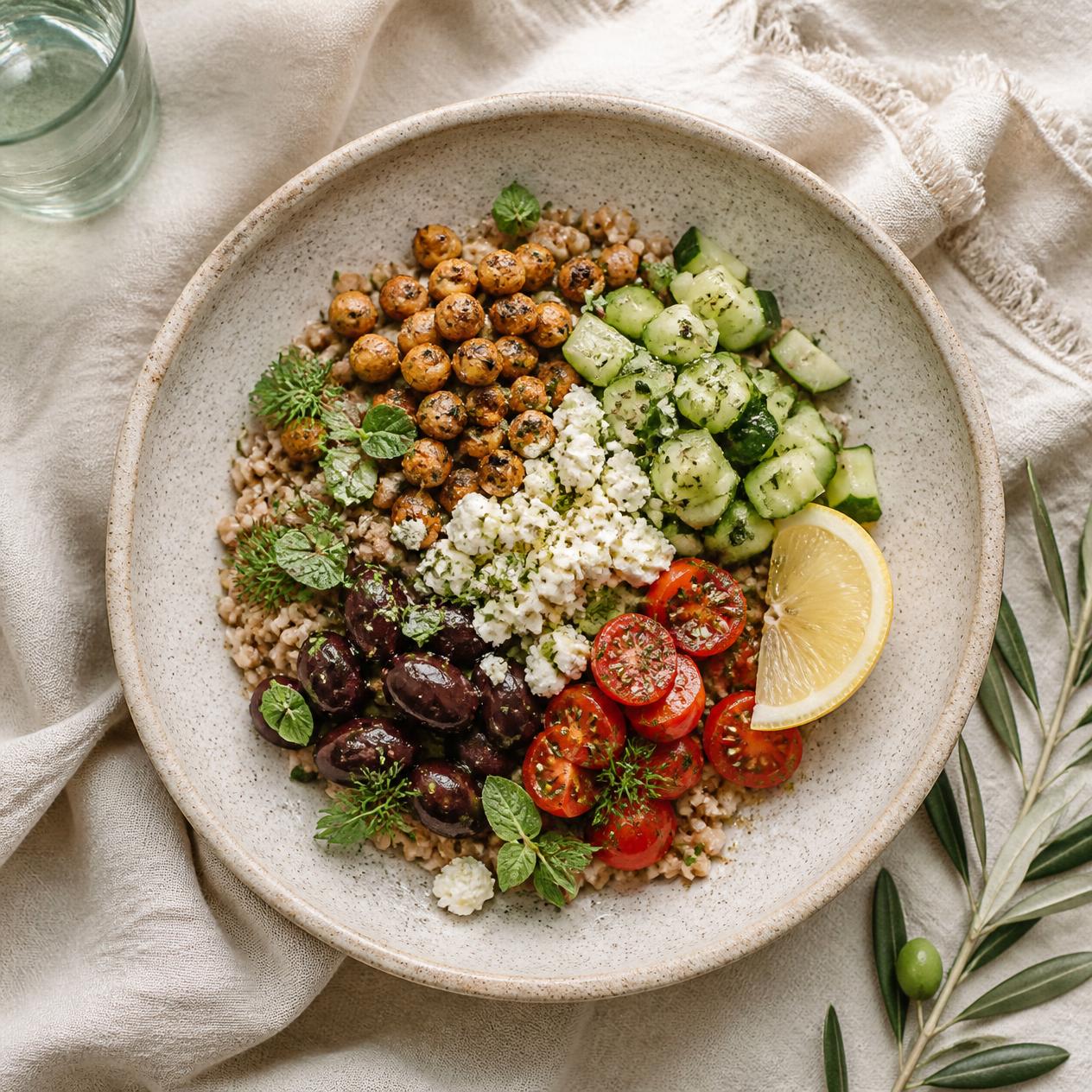 Mediterranean grain bowl with chickpeas, feta and olives