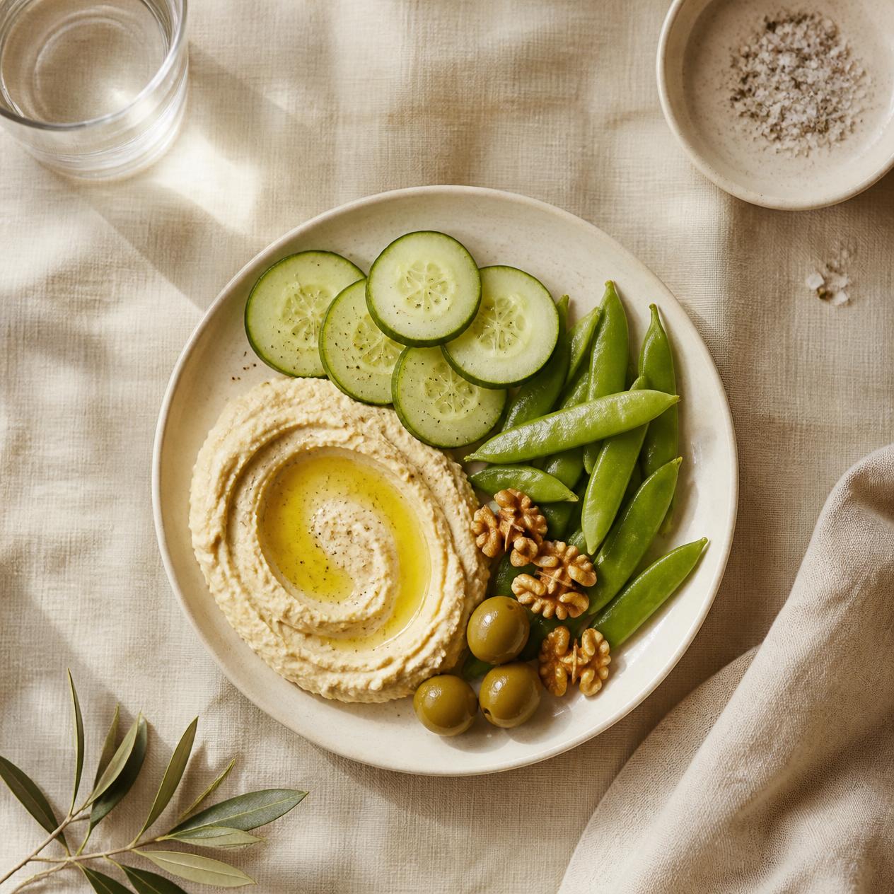 Hummus with cucumbers, snap peas, walnuts and olives
