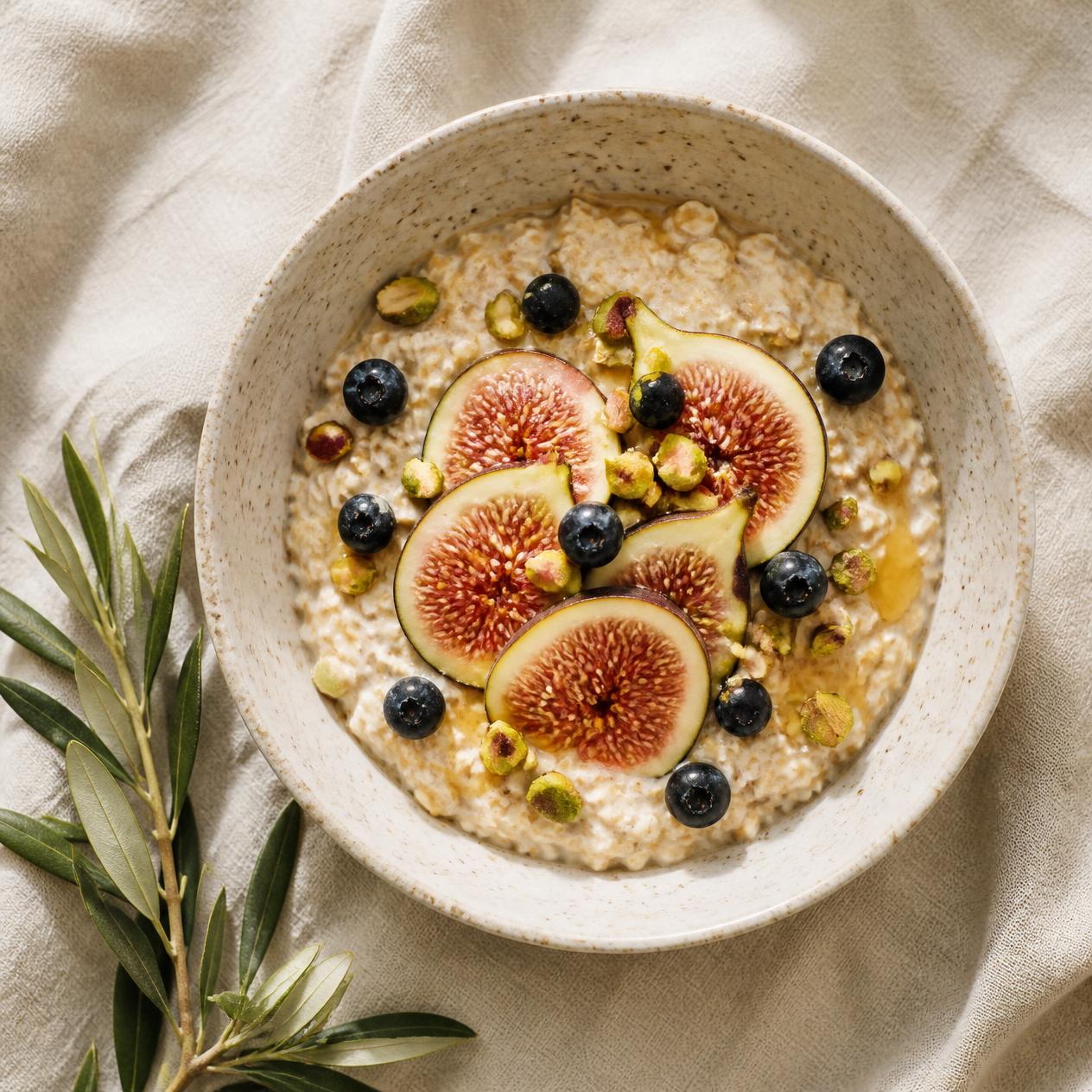 Overnight oats with figs, blueberries and pistachios