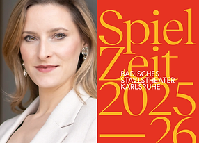 Left: soprano MARTHA EASON, white skin, green-brown eyes, blond, shoulder-long hair, red lipstick, looking to the camera in an off-white blazer / Right: Brochure of the State Theatre Karlsruhe for the 25/26 season, bright yellow cifers and letters on orange