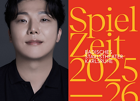Left: South-Korean Tenor BEOJIN ANGELO KIM with nearly white skin, brown eyes and brown hair, wearing a balck Shirt, looking to the camera / Right: The 25/26 season's brochure of Badisches Staatstheater Karlsruhe, yellow cifers and letters on an orange background