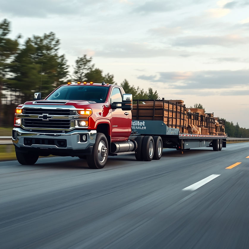 2500 HD Chevy pulling a BigTex Trailer down the highway with a load of freight on the flat