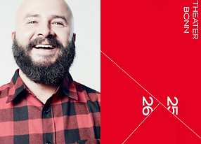 Left: Headshot of German Tenor RALF RACHBAUER, red/black checked shirt , boled, long beart, laughing - right side: brochure of Opera Bonn New Season 25/26. white cifers on red
