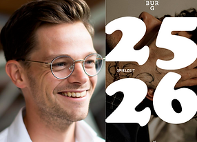 Left: young Dutch countertenor GERBEN VAN DER WERF, man with a white shirt, wearing glasses, smiling and looking at the.... / Righ: brochure of the 25/26 season of Staatstheater Augsburg. Huge cifers with 25 and 26 on a photo of a performance in 24/25.