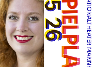 Left: Dutch soprano ZINZI FROHWEIN, red long curled hair, brown eyes, red lips, perfect teeth ,smiling to the photographer / Right: Cover of the brochure for the 25/26 season at Nationaltheater Mannheim, Letters and cifers in red, pink, blue, yellow on a white paper