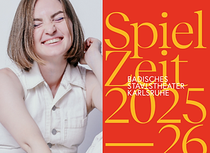 Left: young Russian-German soprano ANASTASIYA TARATORKINA in an off-white top, short brown hair, light skin, nearly no make-up, smiling with closed eyes, her left hand at her hair / Right: Brochure of the 25/26 seson at Badisches Staatstheater Karlsruhe: huge letters nad cifers in yellow on orange background and the name of the theatre in small white letters in the middle