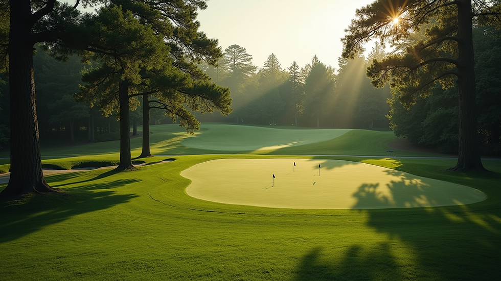 High angle view of a putting green surrounded by trees