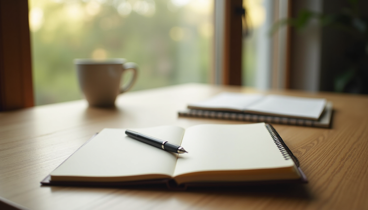 Close-up view of a journal and pen on a wooden desk with natural light