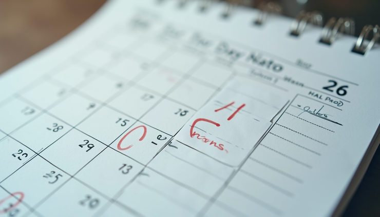 Close-up view of a calendar with marked milestones and notes