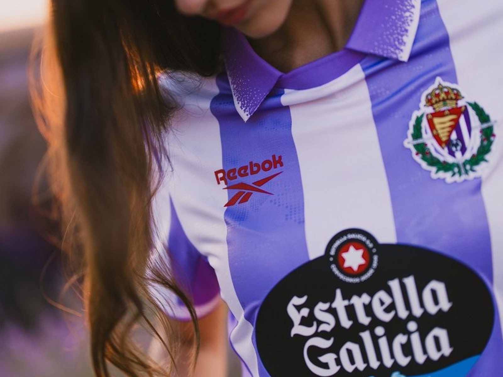Real Valladolid home shirt in violet and white stripes