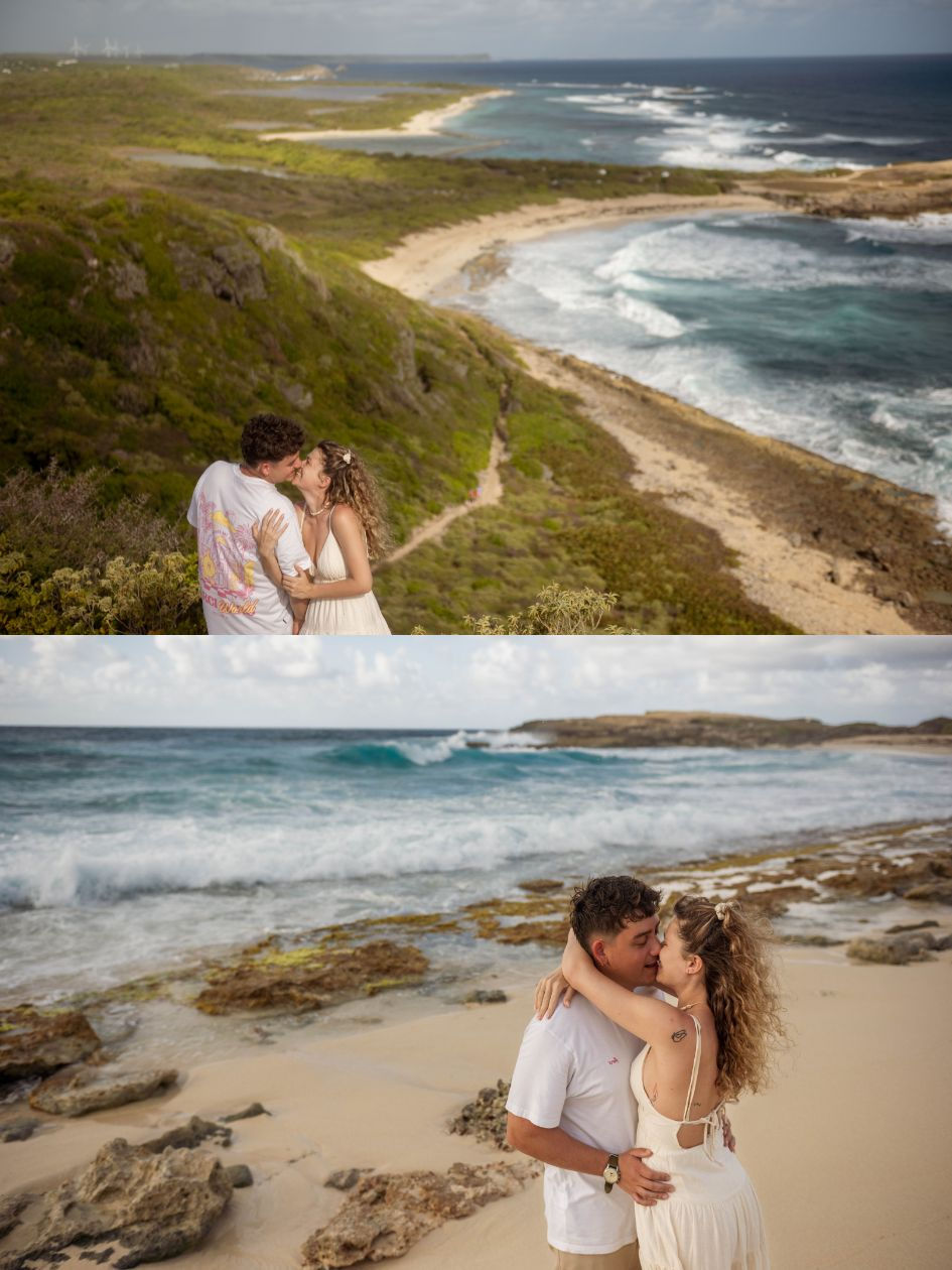 Couple riant au sommet d'une ascension vue sur toute la Guadeloupe durant une " photo session aventure "