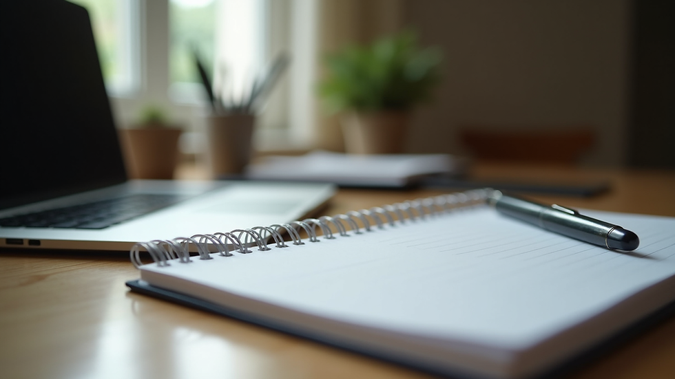 Eye-level view of a writer’s desk with a notebook and laptop
