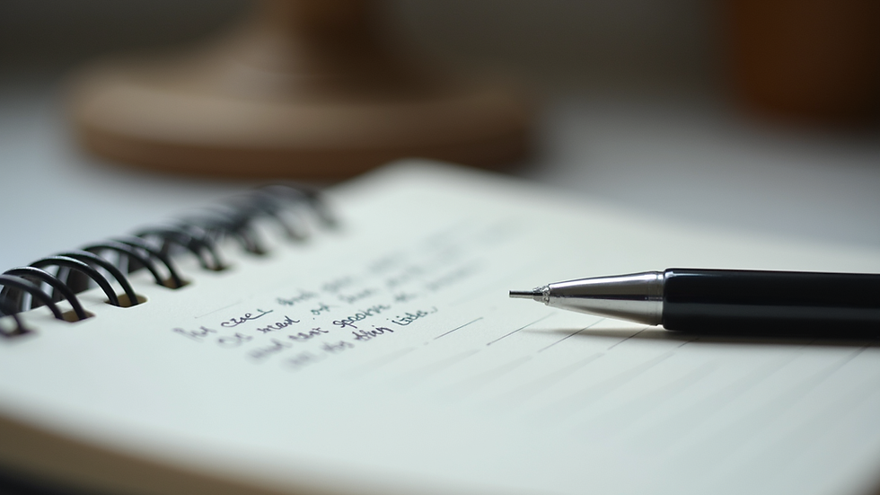 Close-up view of a notebook with handwritten notes and a pen