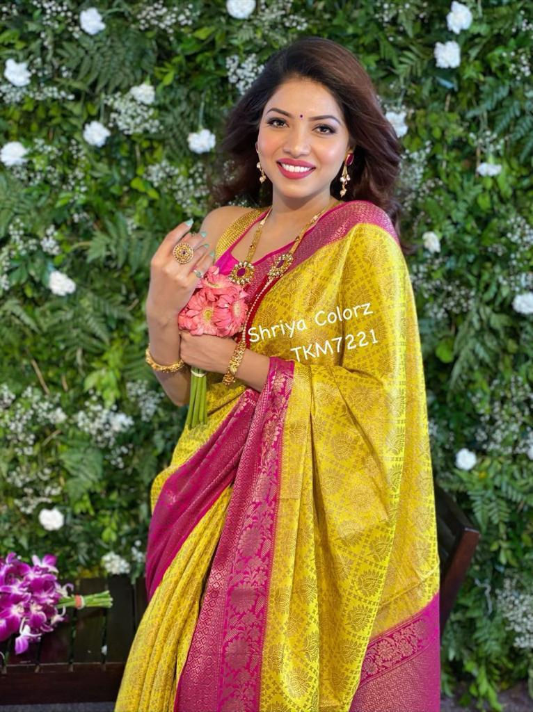 Yellow & Pink Ethnic Zari Banarasi Saree