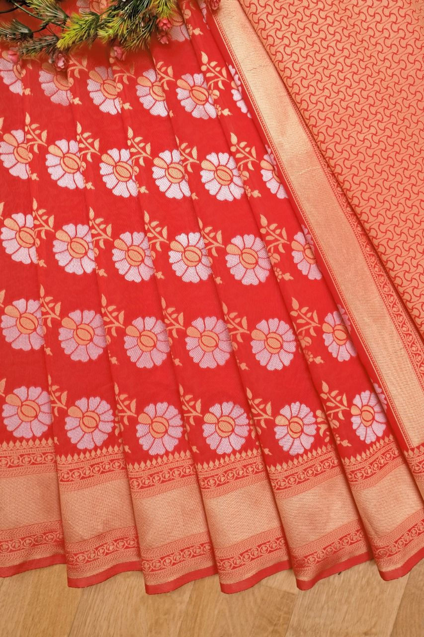 Thumbnail: RICH RED FLOWER SILK SAREE