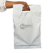 White auto-bagging roll with die-cut carrying handle for retail convenience.