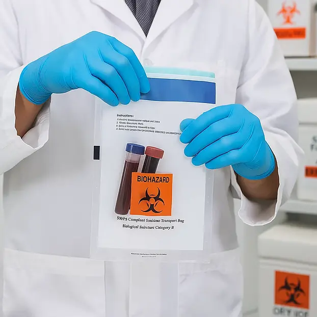 Technician placing UN3373 biological samples into tamper-evident 95 kPa specimen bag for s