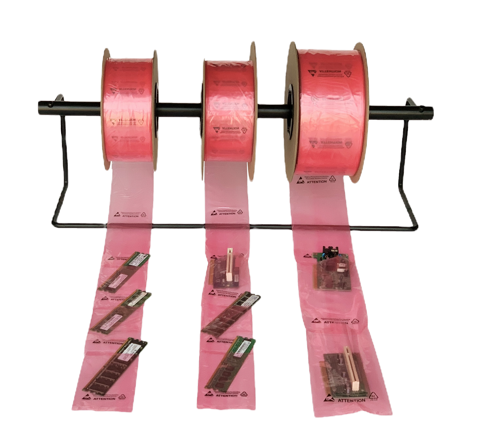Pink anti-static poly tubing rolls on a dispenser rack for automated bagging of electronic components