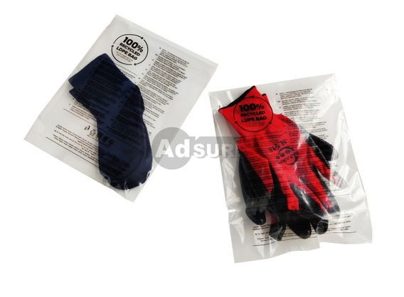 Recycled LDPE bags with suffocation warning and printed instructions used for gloves and socks packaging