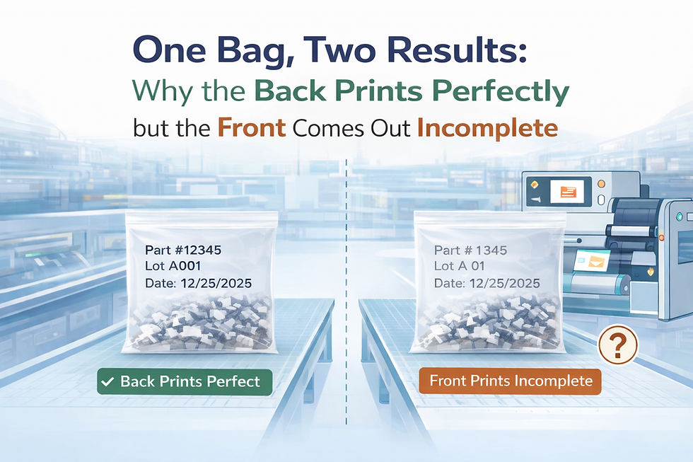 Side-by-side comparison of thermal transfer printing results on the same packaging bag, showing a perfectly printed back side and an incomplete front print due to printing conditions.