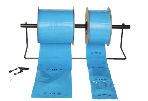 Two rolls of blue VCI corrosion protection bags on a reel stand, designed for automotive export packaging.