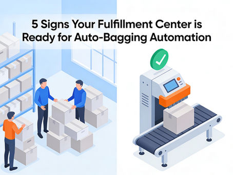 Vector illustration comparing a chaotic manual packing station with overwhelmed workers against a clean, efficient automated bagging line, illustrating signs that a fulfillment center is ready for automation.