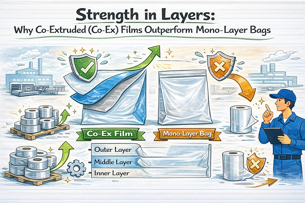 Illustration comparing Mono-layer vs. 3-layer Co-Extruded film structures for automated packaging, showing the inner Metallocene core and outer slip layers.