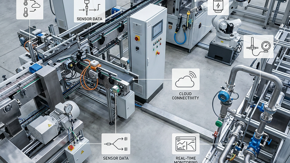 High angle view of industrial IoT sensors installed on factory equipment