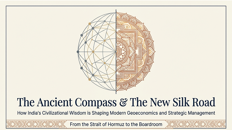 Half compass globe and intricate mandala blend on a beige background. Title: The Ancient Compass & The New Silk Road. Text below details theme.