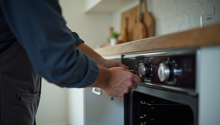 Close-up view of a technician fixing a kitchen oven door hinge