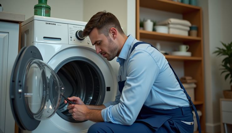 Eye-level view of a Samsung dryer with technician performing repair