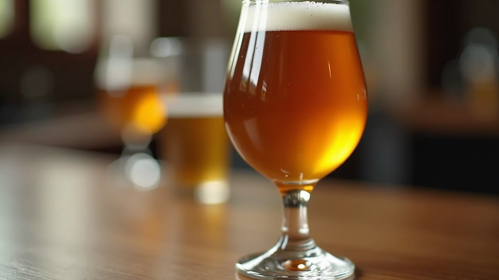 Close-up view of a tulip glass filled with Belgian Saison beer