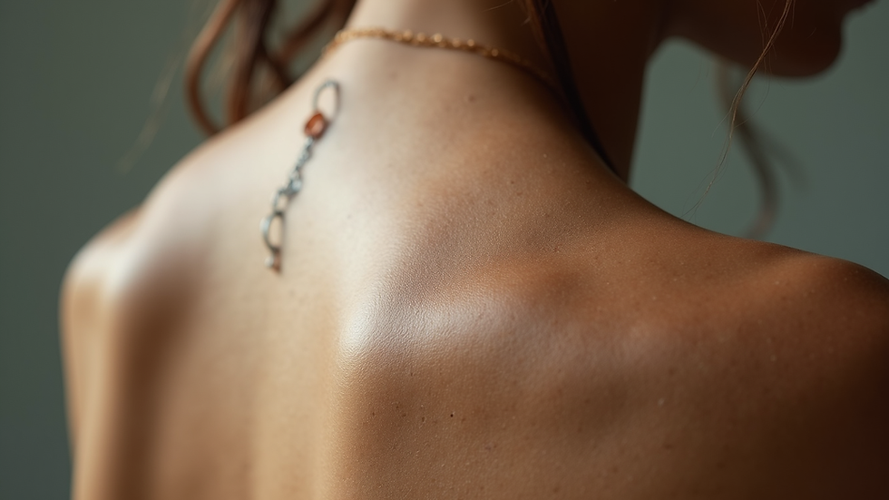 Eye-level view eines Gua Sha Werkzeugs, das sanft über die Haut eines Rückens gestrichen wird