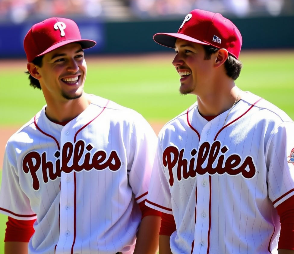 Phillies Aaron Nola and MacKenzie Gore share a laugh after sweeping the Dodgers to close the 1st half of the season.