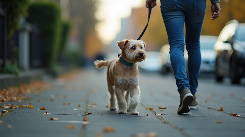 Close-up of a dog leash and collar on a Seattle sidewalk