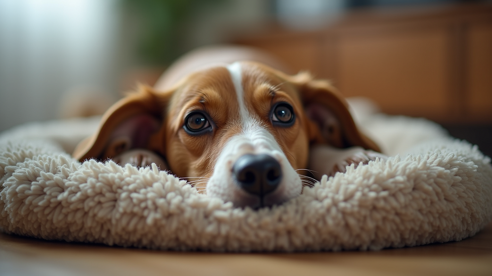 Eye-level view of a dog resting comfortably on a cozy pet bed