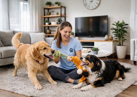 a pet sitter interacting with a dog and a cat
