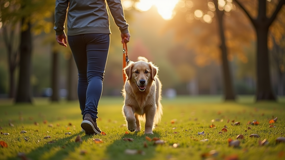 Eye-level view of a dog sitter walking a golden retriever in a Seattle park
