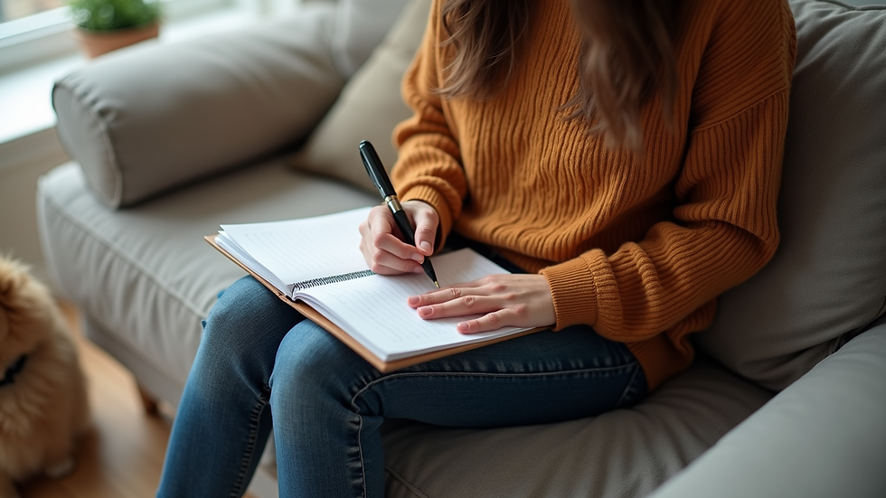 High angle view of a pet sitter writing notes while sitting on a couch