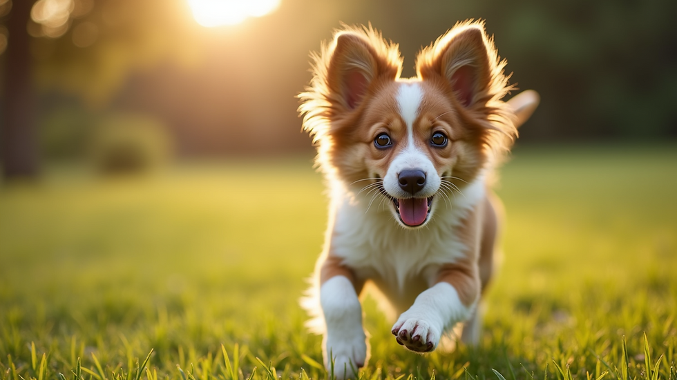 Eye-level view of a playful dog running through grass