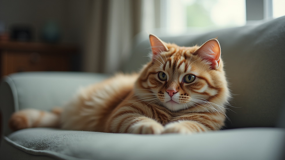 Eye-level view of a comfortable cat lounging on a sofa