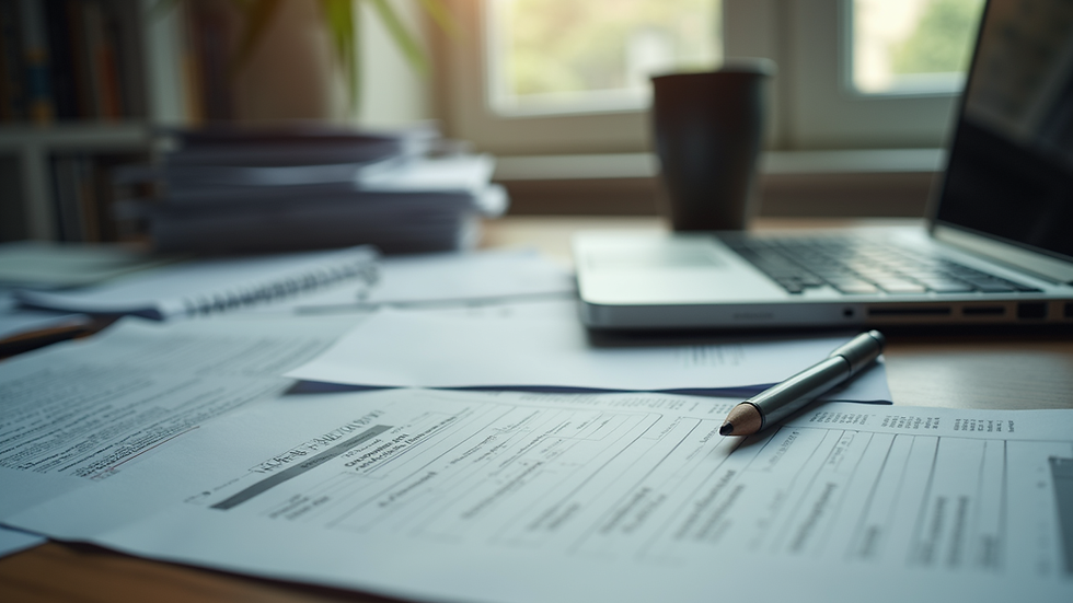 Eye-level view of a cluttered workspace with scattered documents