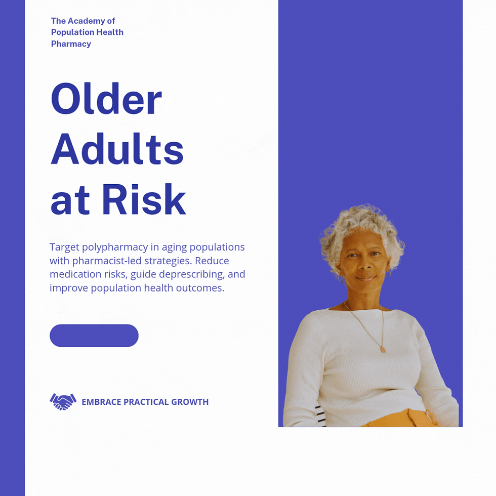 An older woman smiling, wearing a light sweater, on a purple background. Text reads "Older Adults at Risk", discussing pharmacy strategies as a way to address polypharmacy in aging populations.