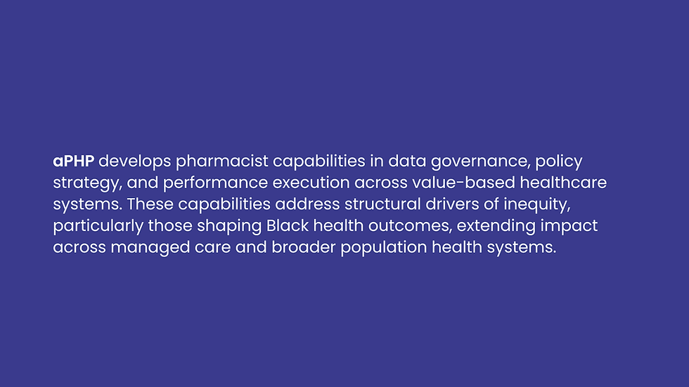 Text on blue background: "aPHP develops pharmacist capabilities in governance, policy, and performance to address inequity in Black health outcomes."