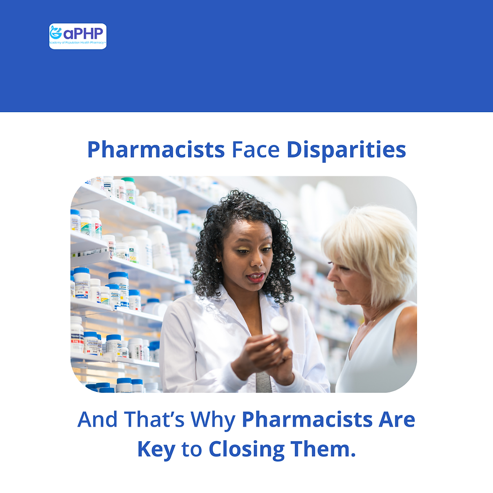 Pharmacist showing medicine to a customer in a pharmacy. Shelves filled with bottles in the background. Text: "Pharmacists Face Disparities and thats why they are key to solving them."
