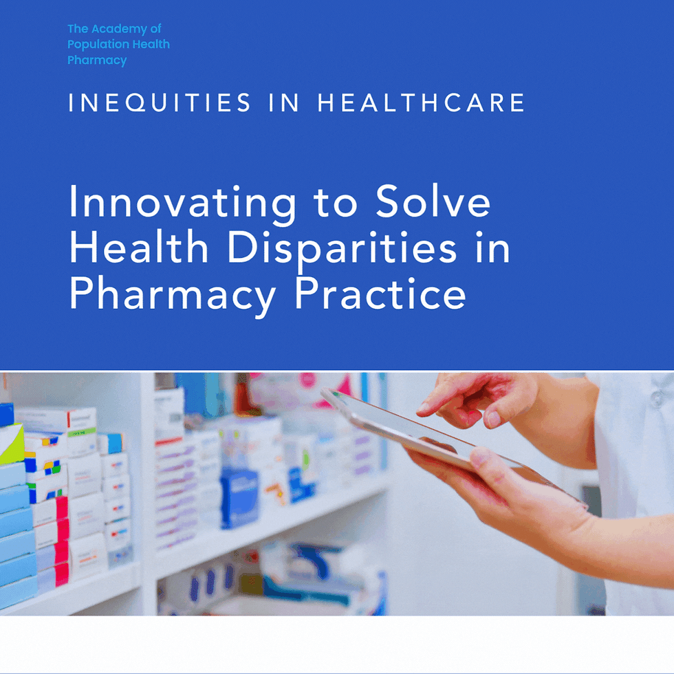 Reducing Health Disparities Concept. Animated cover graphic. Text: "Continuing the Journey: Innovating to Solve Health Disparities in Pharmacy" on a blue background.