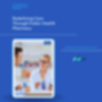 A pharmacist smiles at a customer in a pharmacy on a tablet screen. Blue background with "Redefining Care Through Public Health Pharmacy" text. Showing the role of community pharmacists in public health.