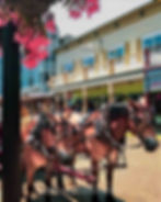 Two horses pulling a carriage in a busy street with "PONTIAC LODGE" sign in background. Pink flowers hang from above, creating a lively scene.