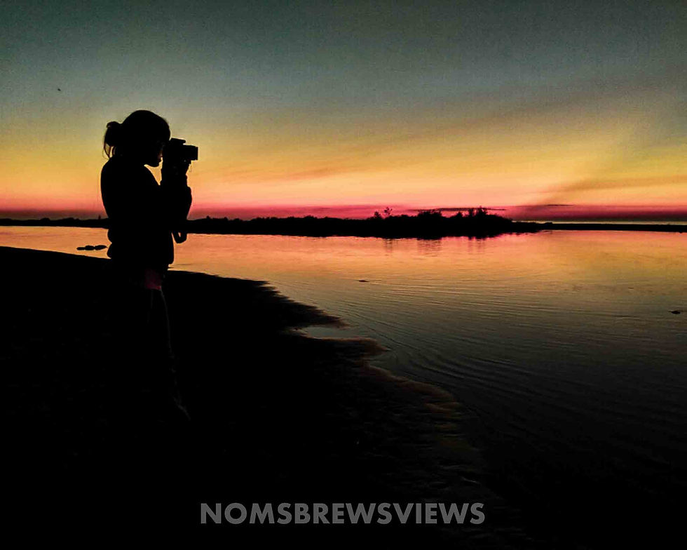 Silhouette of a person with a camera captures a vibrant sunset over a calm lake. Text "NOMSBREWSVIEWS" is at the bottom.